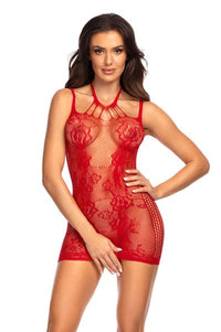 Beauty Night BN6742 Anya Red Dress Lacey Fishnet Seduction