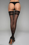 Black Secret BS154 Stockings Black with Lace Top and Back Calf Pattern Detail