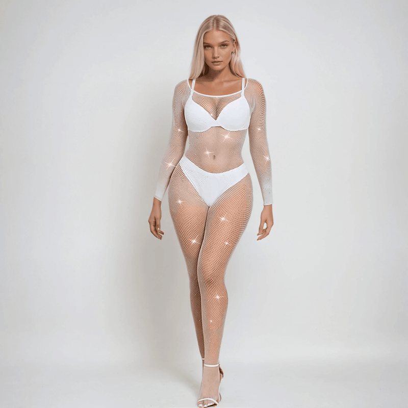 YesX YX885 Fishnet Sparkly Bodystocking White Diamante Sheer Lingerie