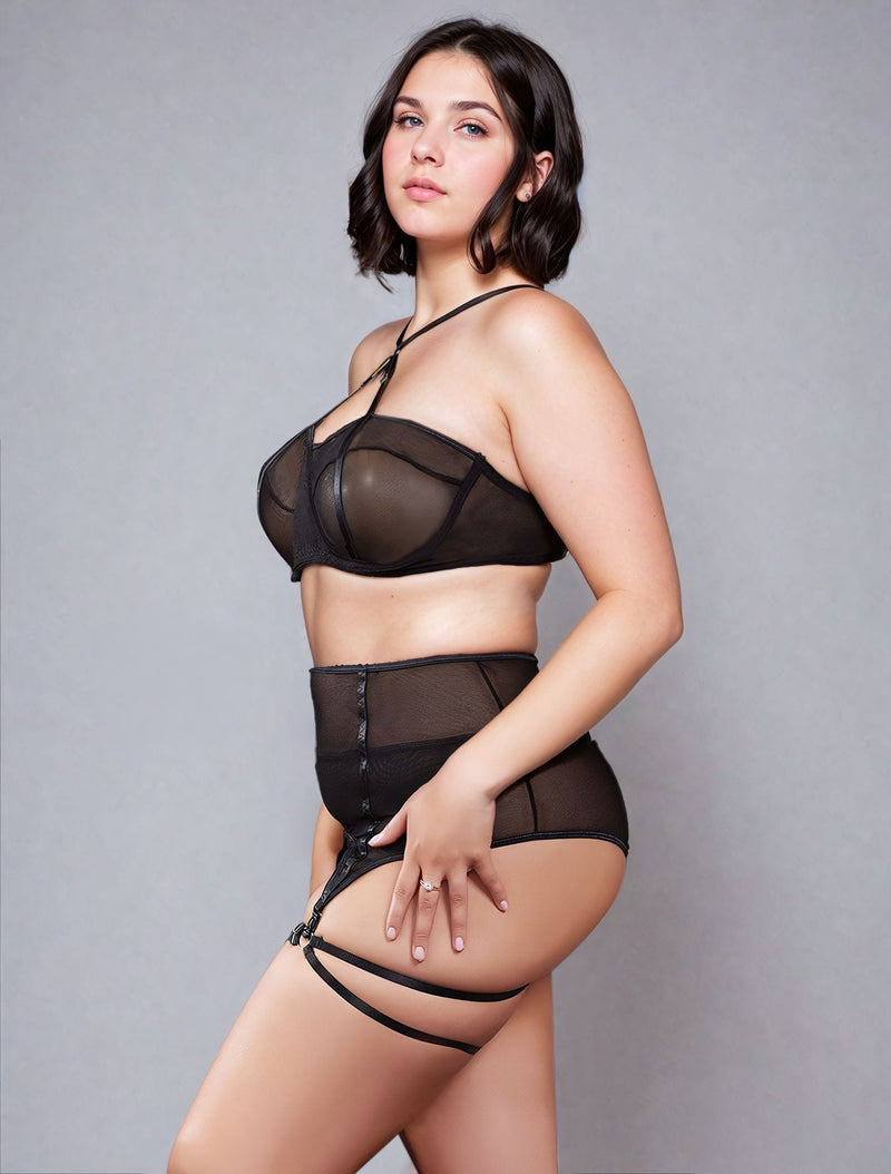 YesX YX868Q plus size three piece lingerie set with bra, thong, garter belt and leg rings
