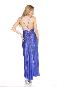 Shirley of Hollywood 20300 Blue Long Gown Elegant Lace and Charmeuse Lingerie