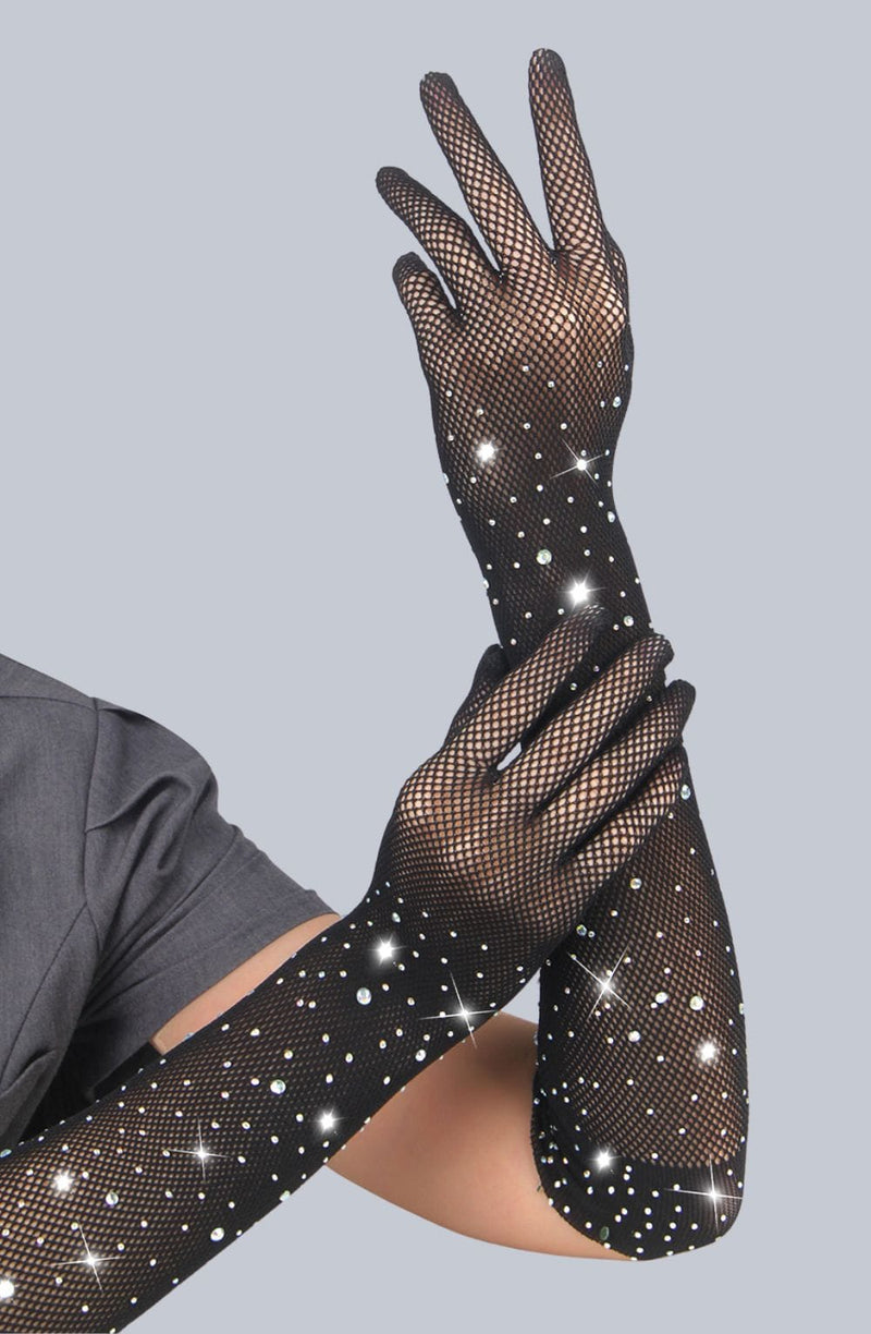 YesX Sparkly Black Fishnet Gloves – Rhinestone Party & Costume Accessory