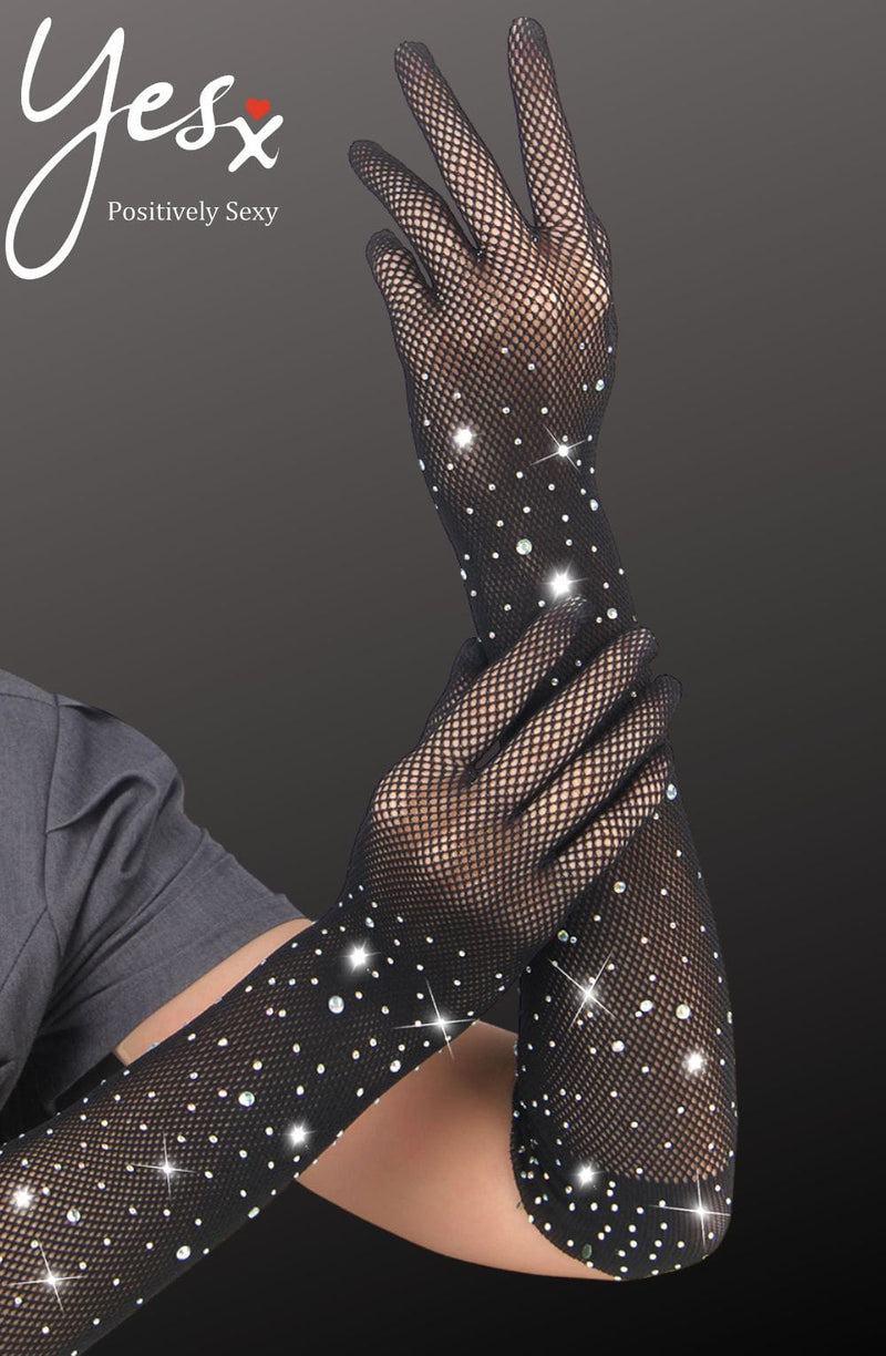 YesX YX861 Sparkly Black Fishnet Gloves – Rhinestone Embellished Glamour