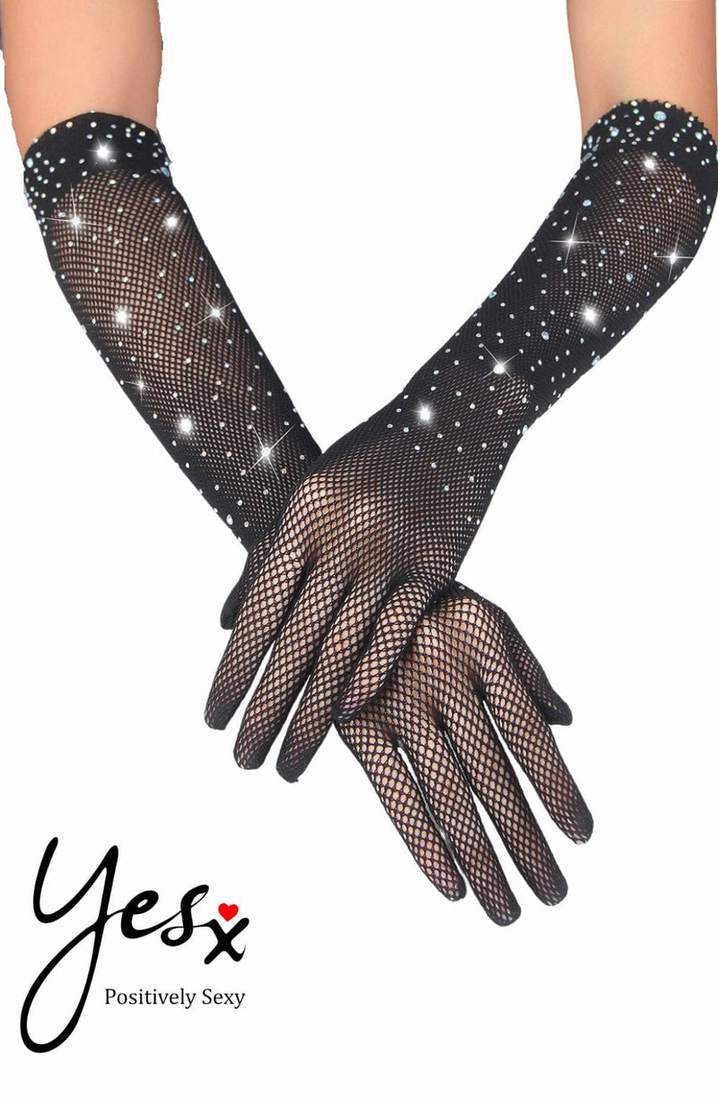 YesX Rhinestone-Embellished Black Fishnet Gloves – Perfect for Night Out & Costume