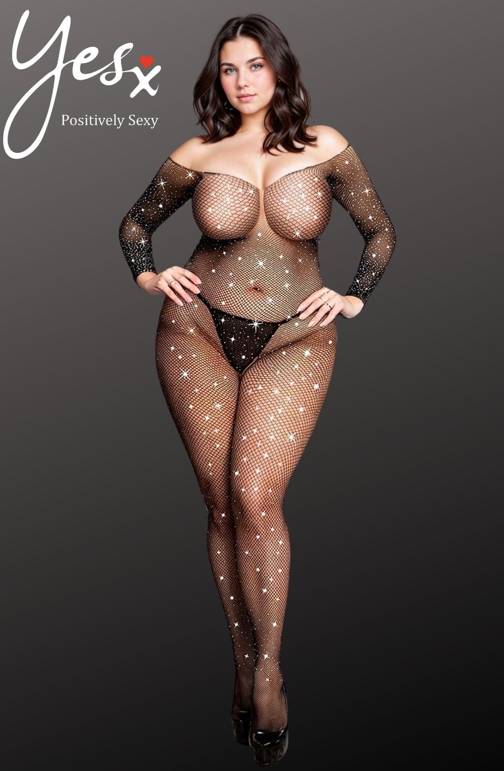esX YX864Q Plus Size Sparkly Fishnet Bodystocking – Long Sleeve, Crotchless Lingerie (Up to 5XL)