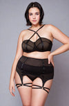 Plus size lingerie model wearing YesX YX868Q three piece bra set with garter belt and thong in black mesh
