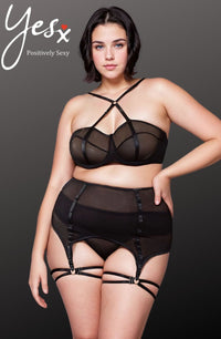 YesX YX868Q plus size black mesh three piece bra set with garter belt and thong