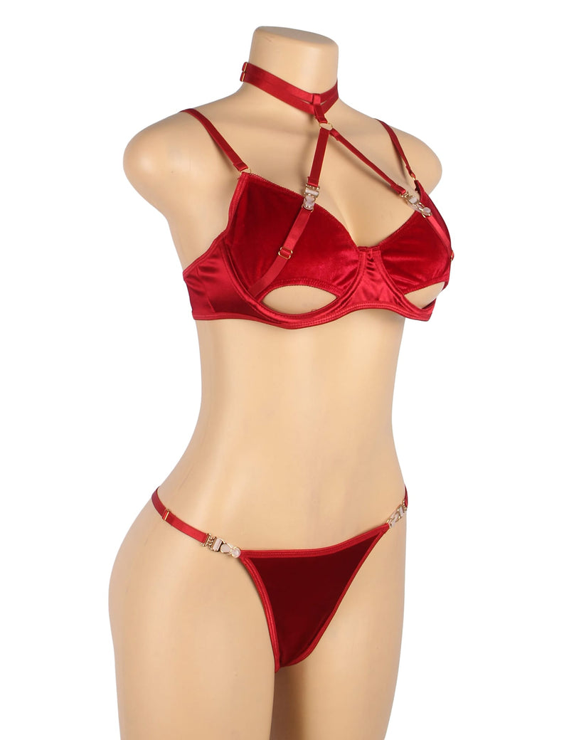 YesX YX872 Red Hollow Cut Halter Bra & Thong Lingerie Set – Velvety Feel, Gold Detail
