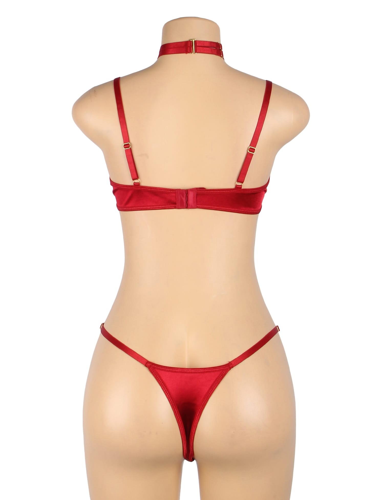 YesX YX872 Red Hollow Cut Halter Bra & Thong Lingerie Set – Velvety Feel, Gold Detail