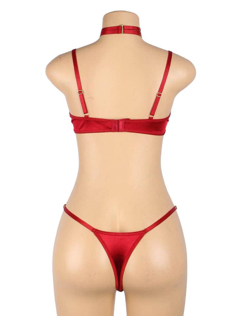 YesX YX872 Red Hollow Cut Halter Bra & Thong Lingerie Set – Velvety Feel, Gold Detail