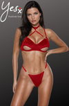 YesX YX872 Red Hollow Cut Halter Bra & Thong Lingerie Set – Velvety Feel, Gold Detail