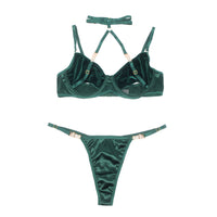 YesX YX873 Green Velvet Halter Bra & Thong Set – Seductive Cut-Out Lingerie with Gold Hardware