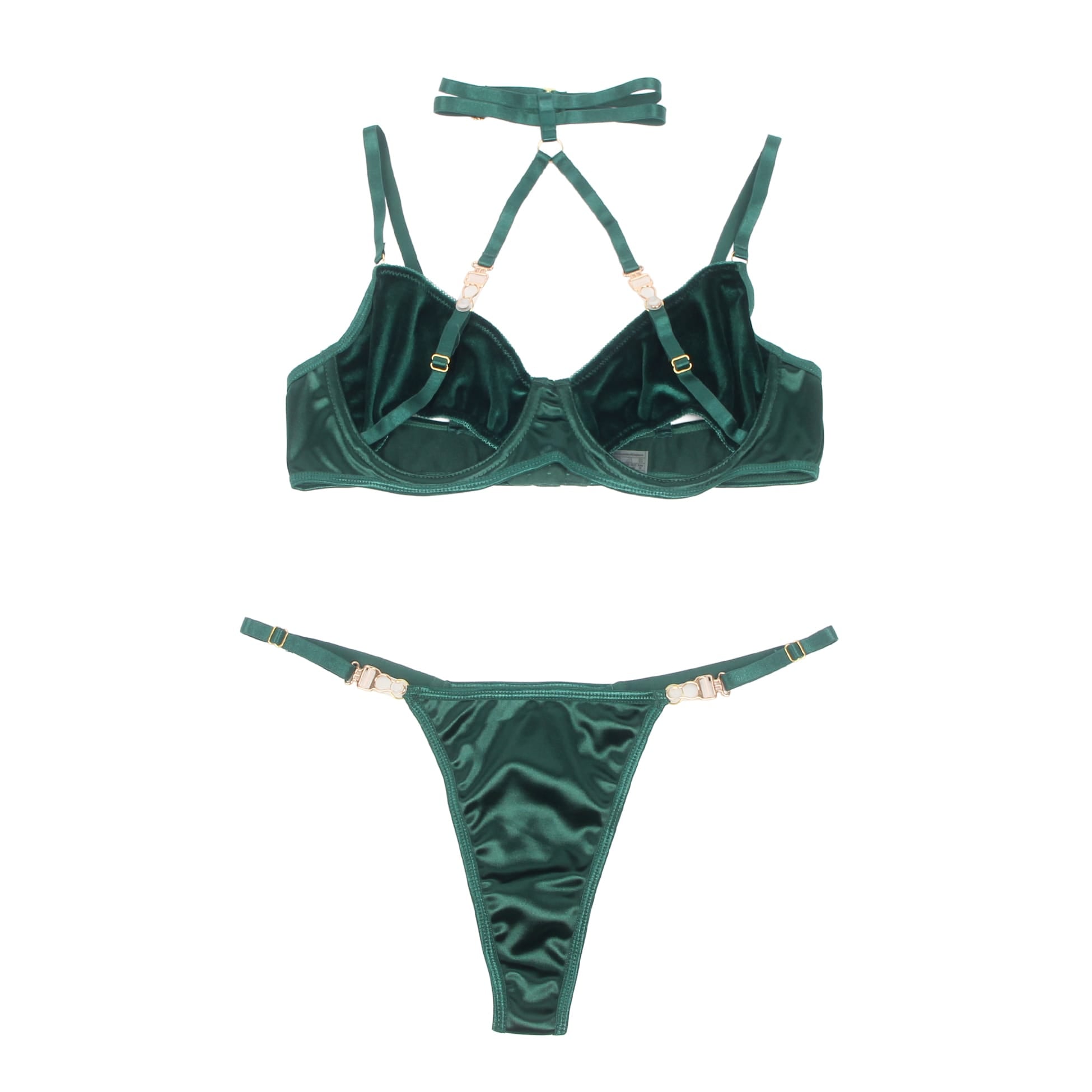 YesX YX873 Green Velvet Halter Bra & Thong Set – Seductive Cut-Out Lingerie with Gold Hardware