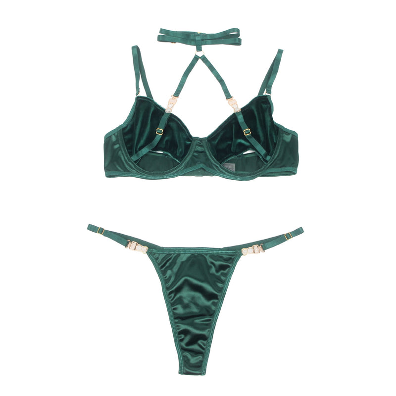 YesX YX873 Green Velvet Halter Bra & Thong Set – Seductive Cut-Out Lingerie with Gold Hardware