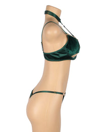 YesX YX873 Green Velvet Halter Bra & Thong Set – Seductive Cut-Out Lingerie with Gold Hardware