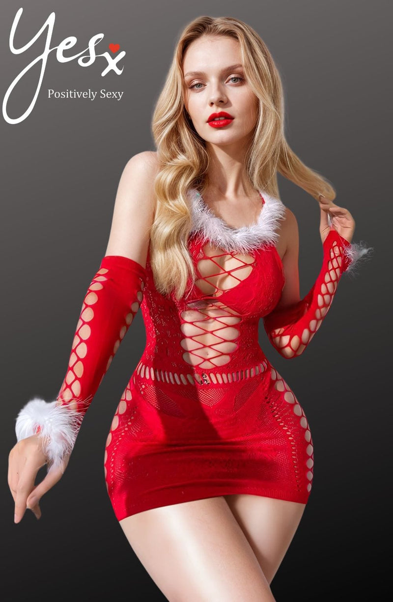 YesX YX877 Sexy Red Christmas Bodystocking Dress with Sleeves – Wonderland Lingerie