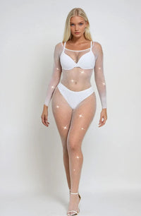 YesX YX885 Fishnet Sparkly Bodystocking White Diamante Sheer Lingerie