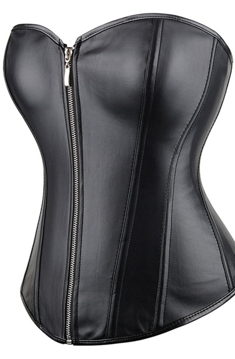 YesX YX888 Stunning Black Leather Look Zip Up Corset with Adjustable Lace-Up Back Up to 4XL