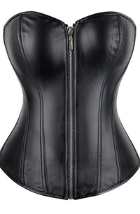 YesX YX888 Stunning Black Leather Look Zip Up Corset with Adjustable Lace-Up Back Up to 4XL