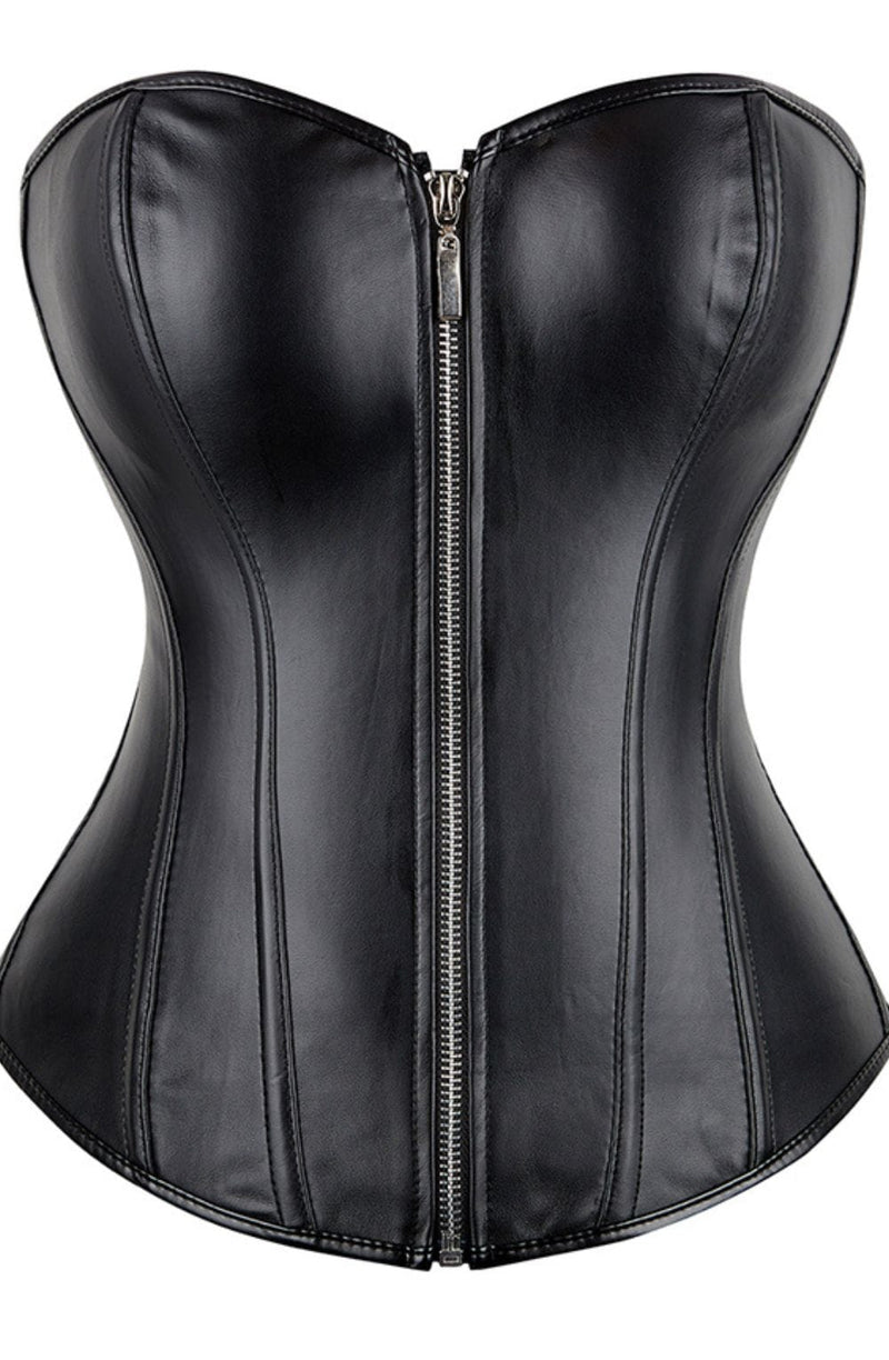 YesX YX888 Stunning Black Leather Look Zip Up Corset with Adjustable Lace-Up Back Up to 4XL