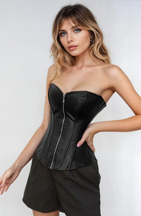 YesX YX888 Stunning Black Leather Look Zip Up Corset with Adjustable Lace-Up Back Up to 4XL