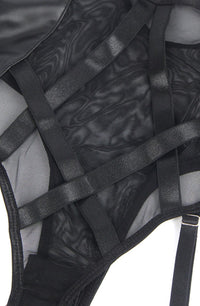YesX YX890 Black Faux Leather Look and Mesh Bodysuit