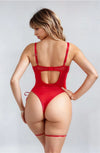 YesX YX891 Red Faux Leather Look and Mesh Bodysuit