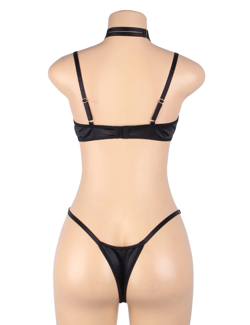 YesX YX871 Hollow Cut Halter Bra & Thong Set – Black Lingerie with Gold Accents | Wonderland Lingerie UK