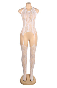 YesX YX898 Body Stocking White Elegant One-Piece Bodystocking with Floral Detail